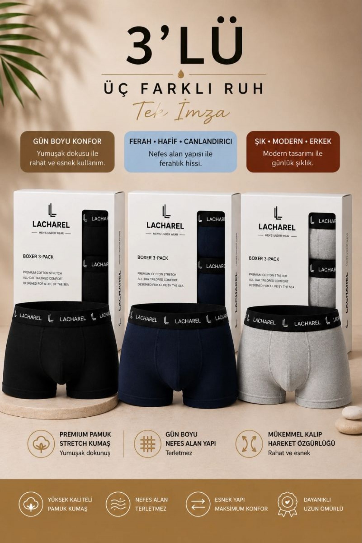 Erkek Likralı Pamuklu Nefes Alan Penye Boxer3'Lü Paket - Siyah & Gri & Lacivert