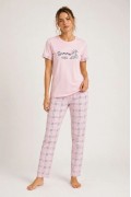 Kadın Pamuklu Penye Summer Baskılı Kısa Kollu Pijama Takımı Ekose Desenli - Pembe