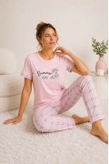 Kadın Pamuklu Penye Summer Baskılı Kısa Kollu Pijama Takımı Ekose Desenli - Pembe