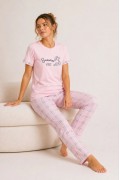 Kadın Pamuklu Penye Summer Baskılı Kısa Kollu Pijama Takımı Ekose Desenli - Pembe