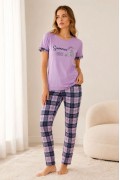 Kadın Pamuklu Penye Summer Baskılı Kısa Kollu Pijama Takımı Bisiklet Yaka Ekose Desenli - Lila