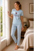 Kadın Pamuklu Penye Baskılı Kısa Kollu Bisiklet Yaka Ekose Desenli Pijama Takımı - Mavi