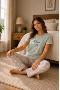 Kadın Pamuklu Penye Baskılı Kısa Kollu Bisiklet Yaka Pijama Takımı - Mint