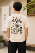 Erkek Ön ve Arka Tokyo Kuş Çiçek Baskılı Oversize T-Shirt - Ekru