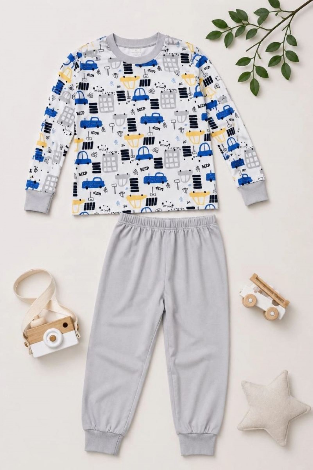 Erkek Çocuk Premium Penye Uzun Kollu Desenli Pijama Takımı 2-11 Yaş - Gri