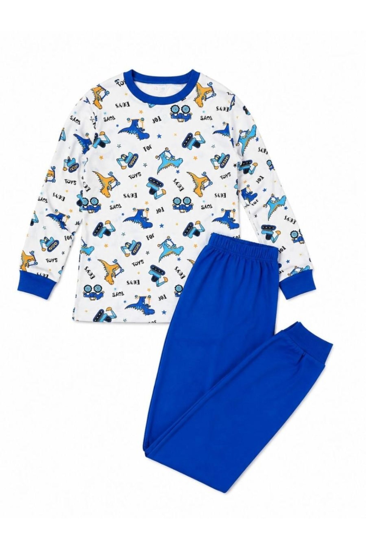 Erkek Çocuk Premium Penye Dinozor Desenli Uzun Kollu Pijama Takımı 2-11 Yaş - Mavi