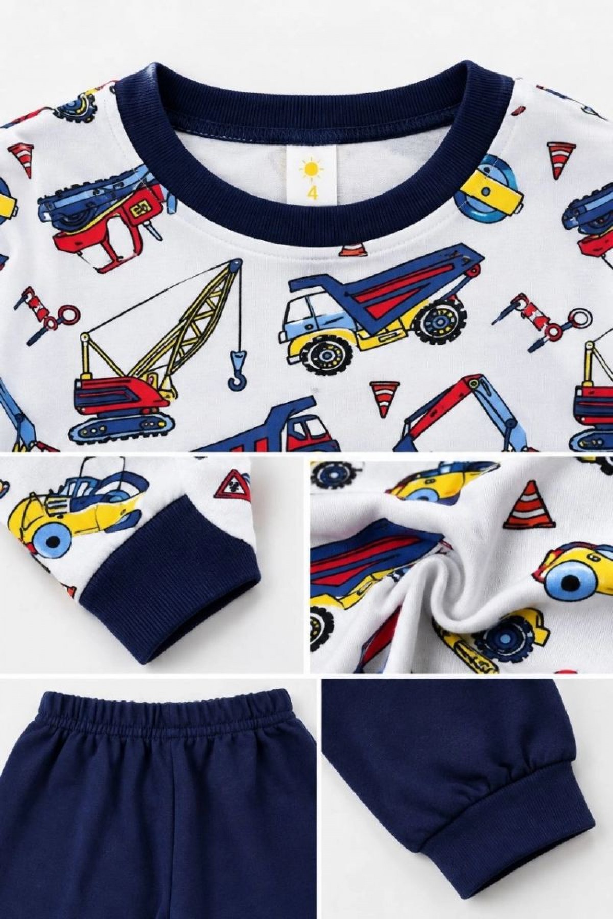 Erkek Çocuk Premium Penye İş Makinesi Desenli Uzun Kollu Pijama Takımı 2-11 Yaş - Lacivert