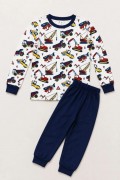 Erkek Çocuk Premium Penye İş Makinesi Desenli Uzun Kollu Pijama Takımı 2-11 Yaş - Lacivert