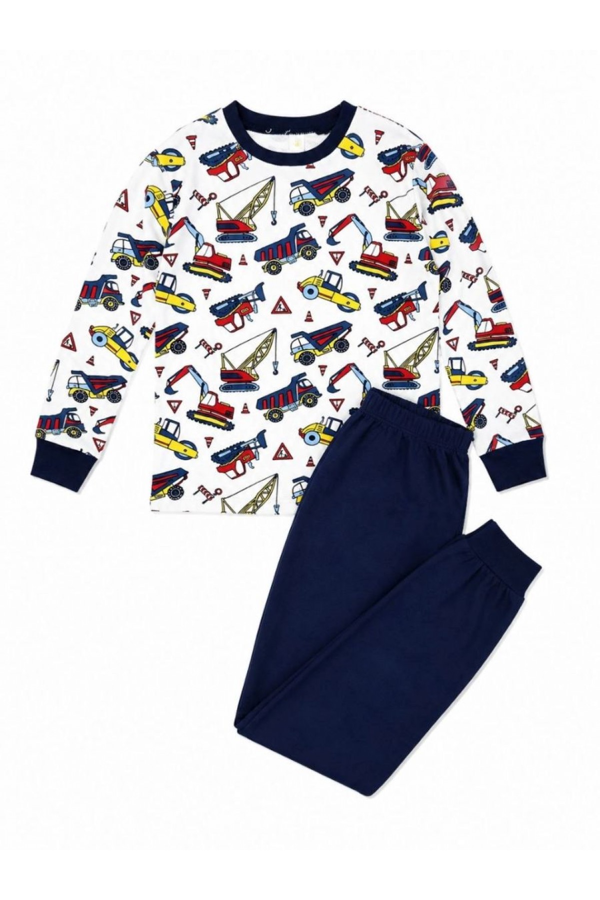 Erkek Çocuk Premium Penye İş Makinesi Desenli Uzun Kollu Pijama Takımı 2-11 Yaş - Lacivert