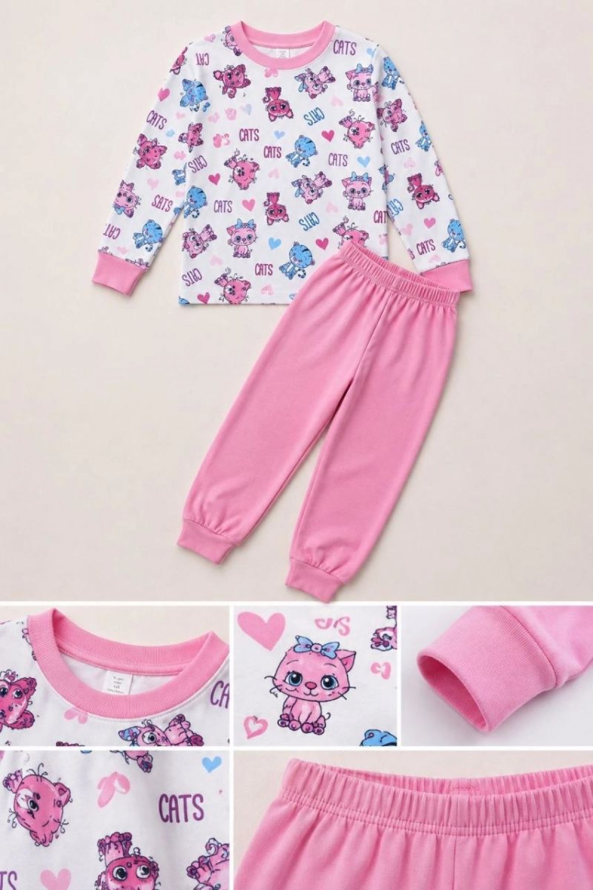 Kız Çocuk Premium Penye Kedi Desenli Uzun Kollu Pijama Takımı 2-11 Yaş - Pembe