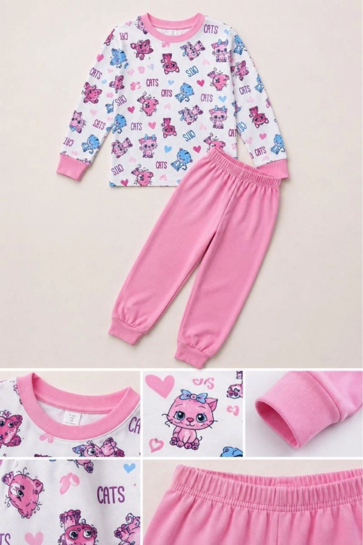 Kız Çocuk Premium Penye Kedi Desenli Uzun Kollu Pijama Takımı 2-11 Yaş - Pembe