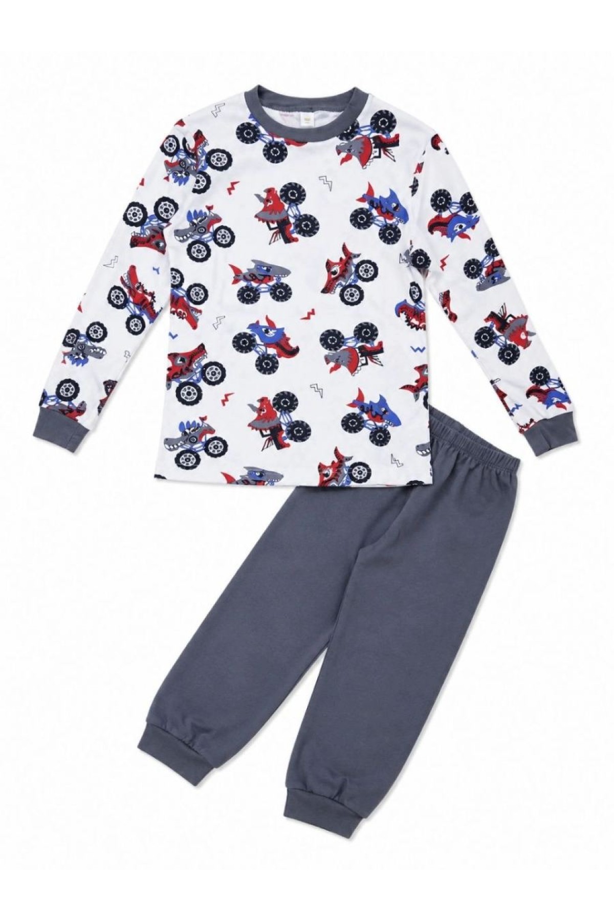 Erkek Çocuk Premium Penye Canavar Araba Desenli Uzun Kollu Pijama Takımı 2-11 Yaş - Füme