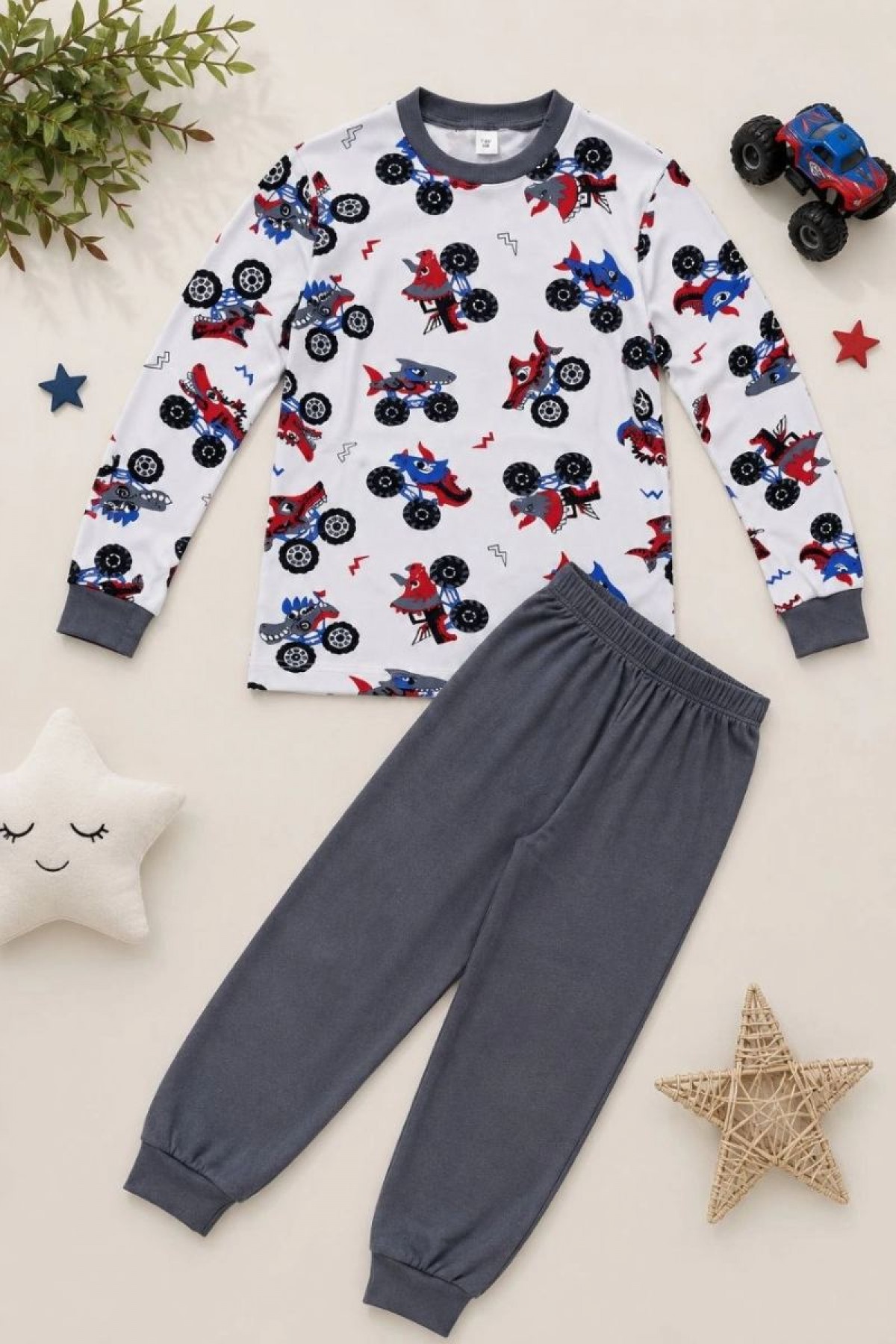 Erkek Çocuk Premium Penye Canavar Araba Desenli Uzun Kollu Pijama Takımı 2-11 Yaş - Füme