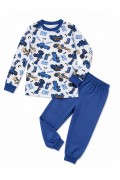 Erkek Çocuk Premium Penye İş Makinesi Desenli Uzun Kollu Pijama Takımı 2-11 Yaş - Mavi