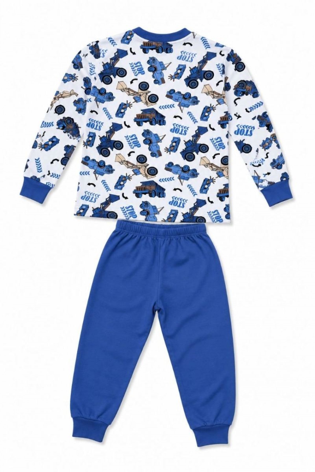 Erkek Çocuk Premium Penye İş Makinesi Desenli Uzun Kollu Pijama Takımı 2-11 Yaş - Mavi