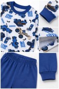 Erkek Çocuk Premium Penye İş Makinesi Desenli Uzun Kollu Pijama Takımı 2-11 Yaş - Mavi