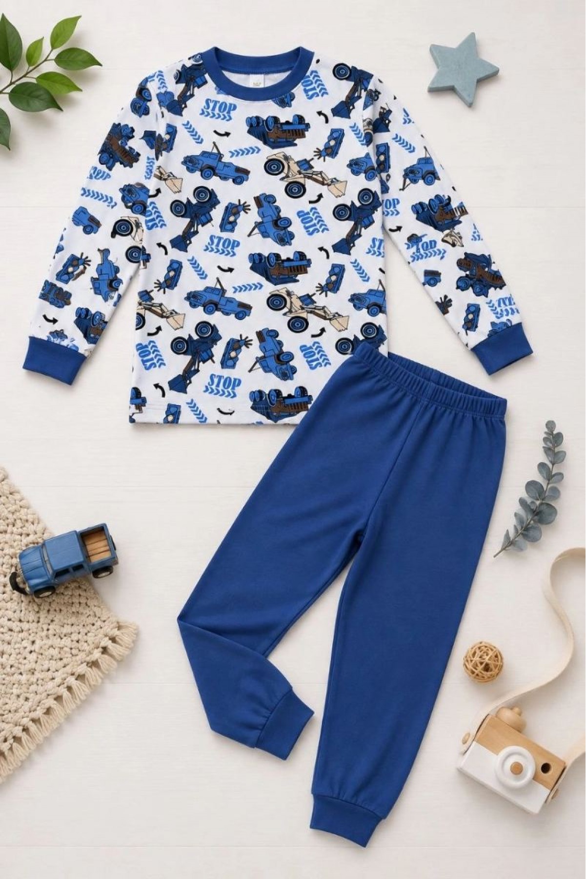 Erkek Çocuk Premium Penye İş Makinesi Desenli Uzun Kollu Pijama Takımı 2-11 Yaş - Mavi