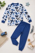 Erkek Çocuk Premium Penye İş Makinesi Desenli Uzun Kollu Pijama Takımı 2-11 Yaş - Mavi