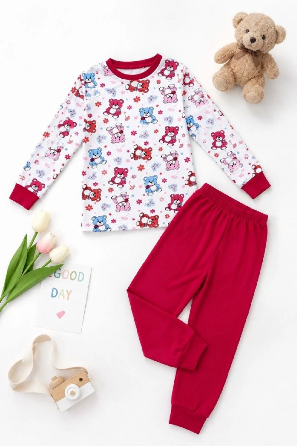 Kız Çocuk Premium Penye Ayıcık Desenli Uzun Kollu Pijama Takımı 2-11 Yaş - Kırmızı