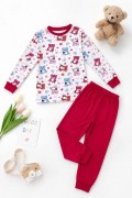Kız Çocuk Premium Penye Ayıcık Desenli Uzun Kollu Pijama Takımı 2-11 Yaş - Kırmızı
