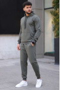 Erkek İki İplik Kapüşonlu Kanguru Cepli Sweatshirt Jogger Pantolon Alt Üst Eşofman Takımı - Haki