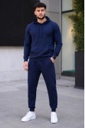 Erkek İki İplik Kapüşonlu Kanguru Cepli Sweatshirt Jogger Pantolon Alt Üst Eşofman Takımı - Lacivert