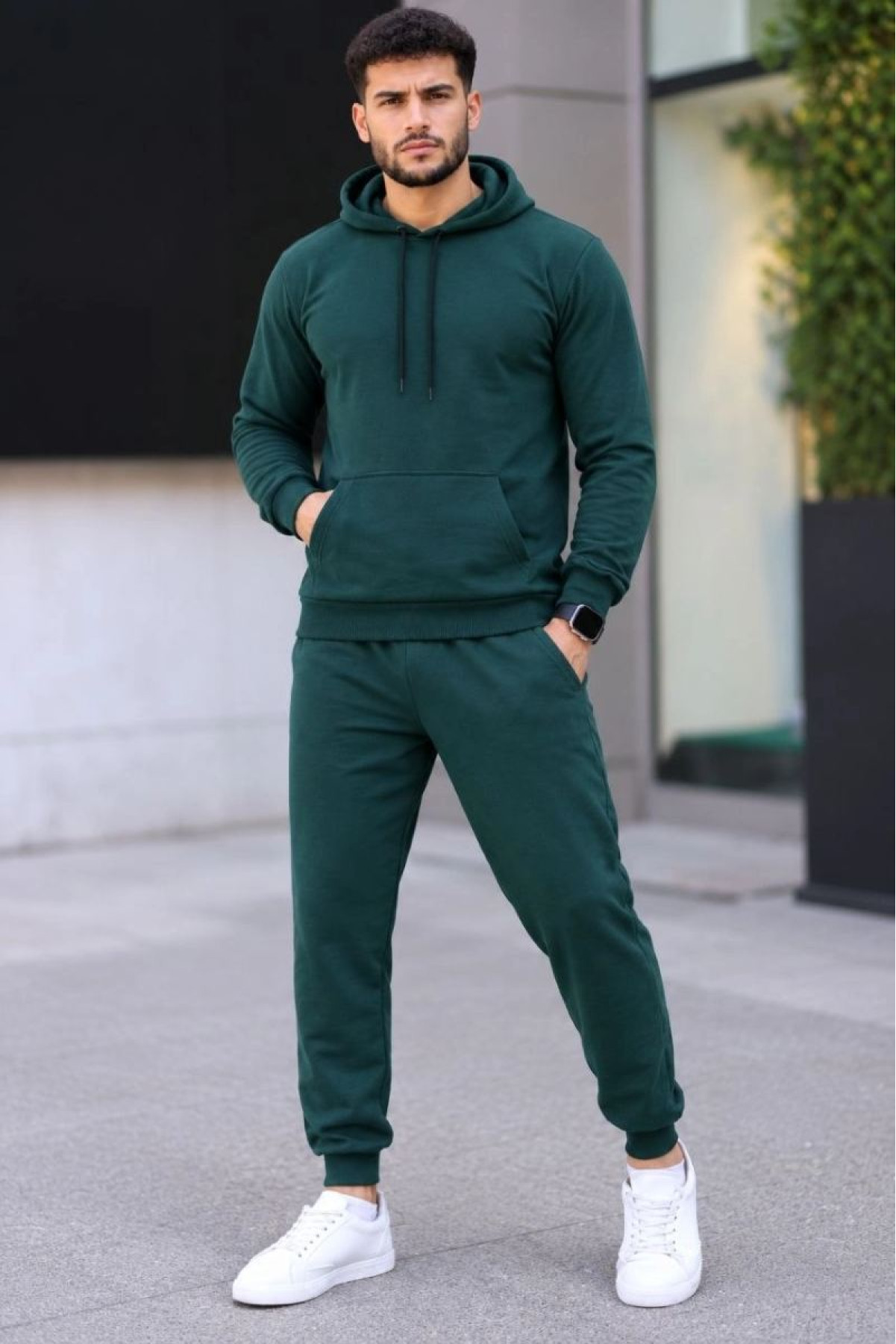 Erkek İki İplik Kapüşonlu Kanguru Cepli Sweatshirt Jogger Pantolon Alt Üst Eşofman Takımı -Nefti Yeşili