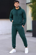 Erkek İki İplik Kapüşonlu Kanguru Cepli Sweatshirt Jogger Pantolon Alt Üst Eşofman Takımı -Nefti Yeşili