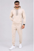 Erkek İki İplik Kapüşonlu Kanguru Cepli Sweatshirt Jogger Pantolon Alt Üst Eşofman Takımı -Bej