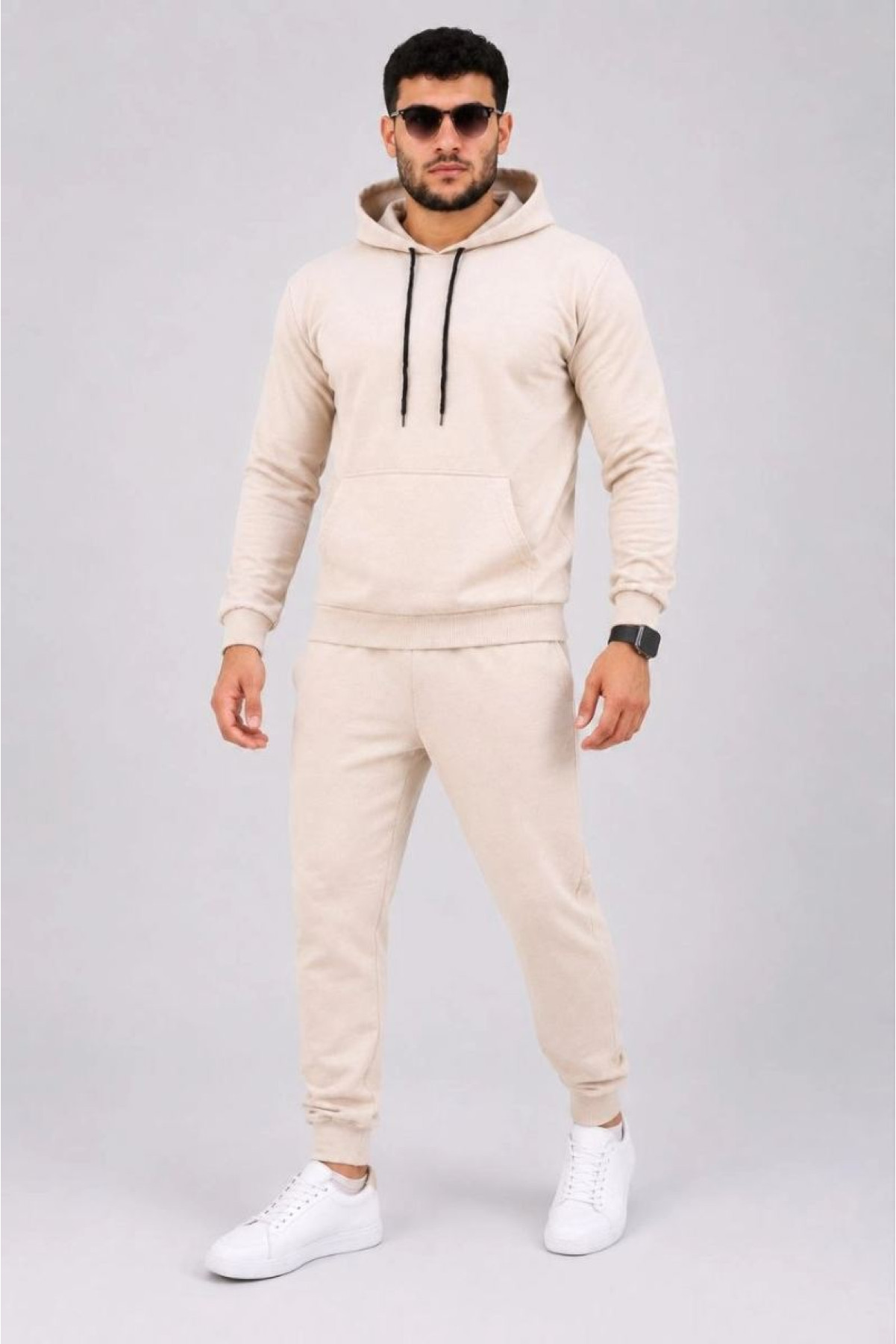 Erkek İki İplik Kapüşonlu Kanguru Cepli Sweatshirt Jogger Pantolon Alt Üst Eşofman Takımı -Bej