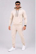 Erkek İki İplik Kapüşonlu Kanguru Cepli Sweatshirt Jogger Pantolon Alt Üst Eşofman Takımı -Bej