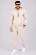 Erkek İki İplik Kapüşonlu Kanguru Cepli Sweatshirt Jogger Pantolon Alt Üst Eşofman Takımı -Bej