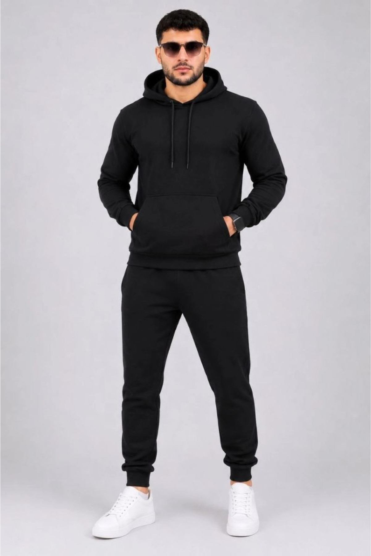 Erkek İki İplik Kapüşonlu Kanguru Cepli Sweatshirt Jogger Pantolon Alt Üst Eşofman Takımı -Siyah