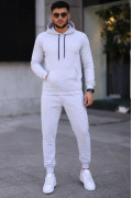 Erkek İki İplik Kapüşonlu Kanguru Cepli Sweatshirt Jogger Pantolon Alt Üst Eşofman Takımı -Beyaz