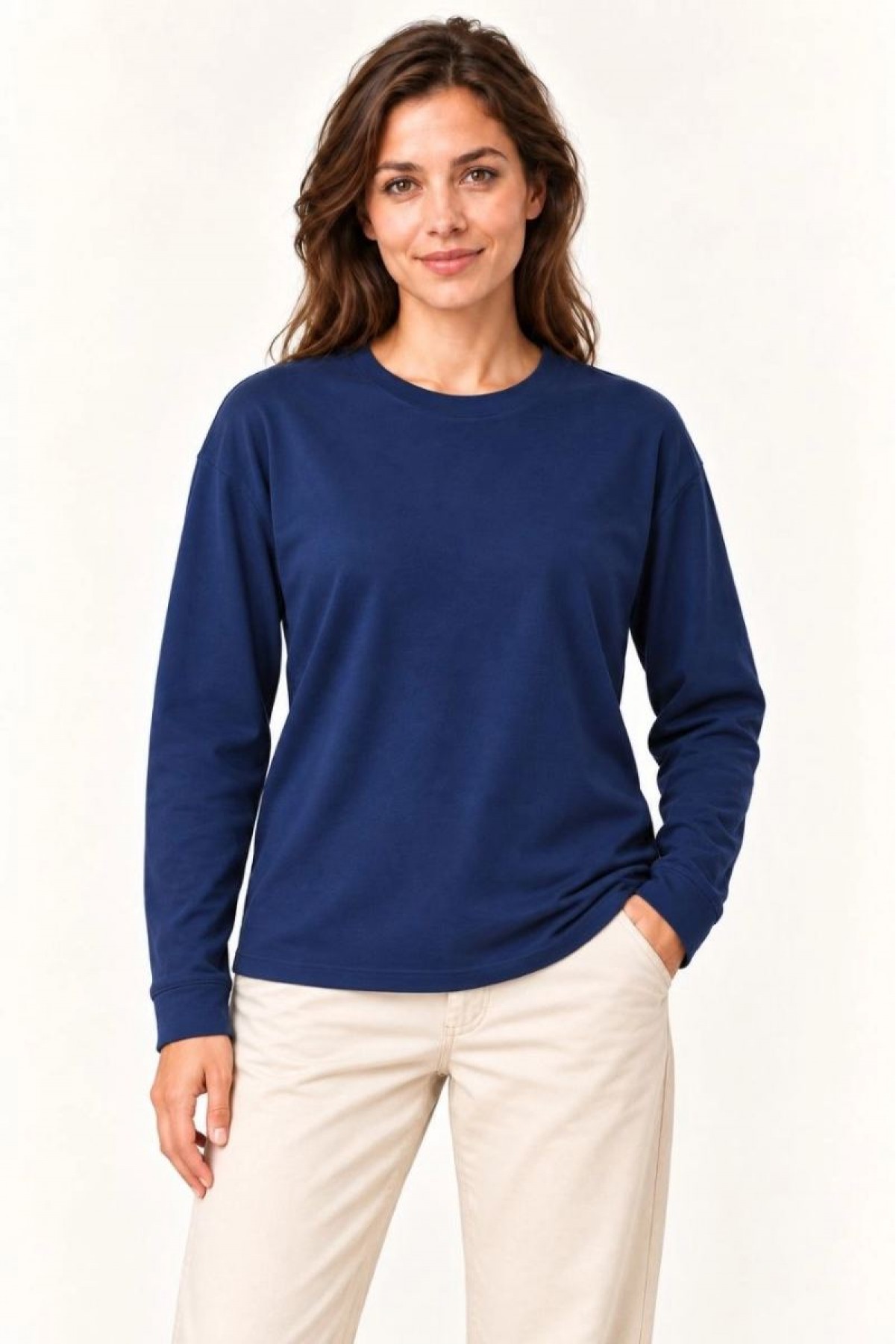Kadın Modal Yumuşak Dokulu Bisiklet Yaka Uzun Kollu Tişört Sweatshirt - Lacivert