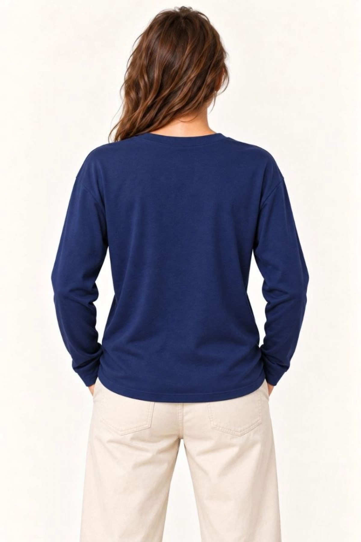 Kadın Modal Yumuşak Dokulu Bisiklet Yaka Uzun Kollu Tişört Sweatshirt - Lacivert