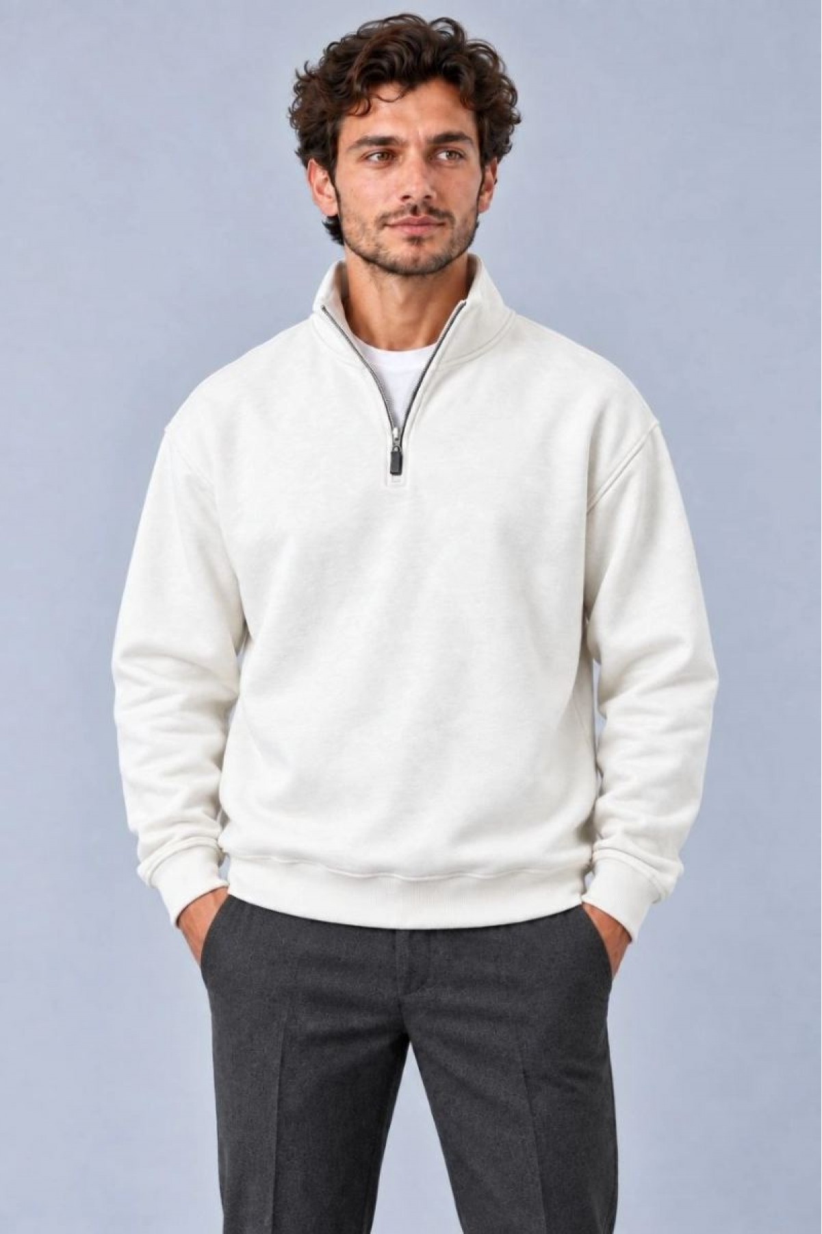 Erkek Üç İplik İçi Şardonlu Dik Yaka Yarım Fermuarlı Kışlık Sweatshirt - Beyaz