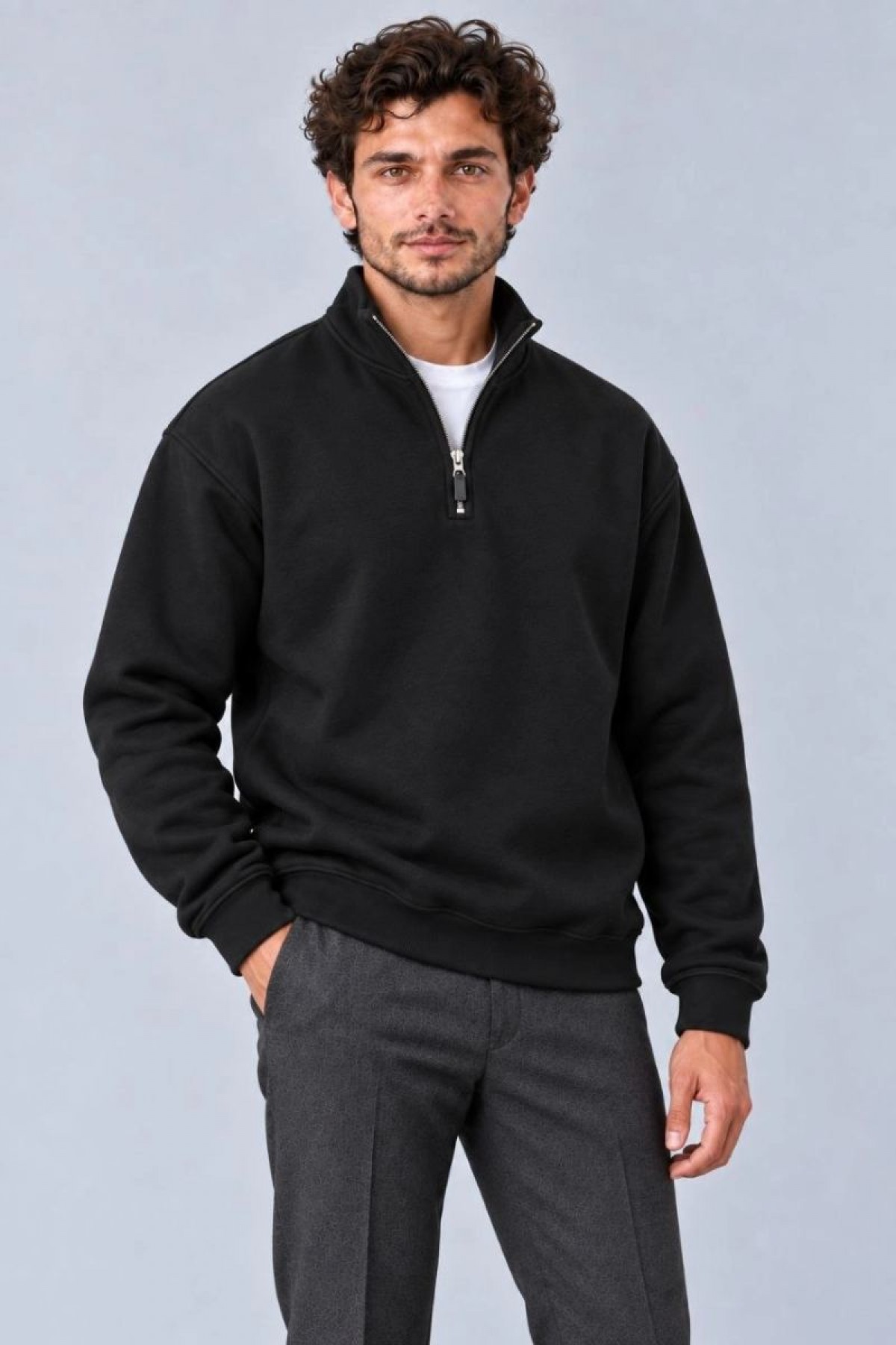 Erkek Üç İplik İçi Şardonlu Dik Yaka Yarım Fermuarlı Kışlık Sweatshirt - Siyah