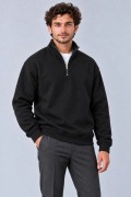 Erkek Üç İplik İçi Şardonlu Dik Yaka Yarım Fermuarlı Kışlık Sweatshirt - Siyah