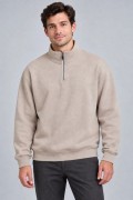 Erkek Üç İplik İçi Şardonlu Dik Yaka Yarım Fermuarlı Kışlık Sweatshirt - Bej