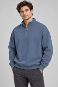 Erkek Üç İplik İçi Şardonlu Dik Yaka Yarım Fermuarlı Kışlık Sweatshirt - Mavi