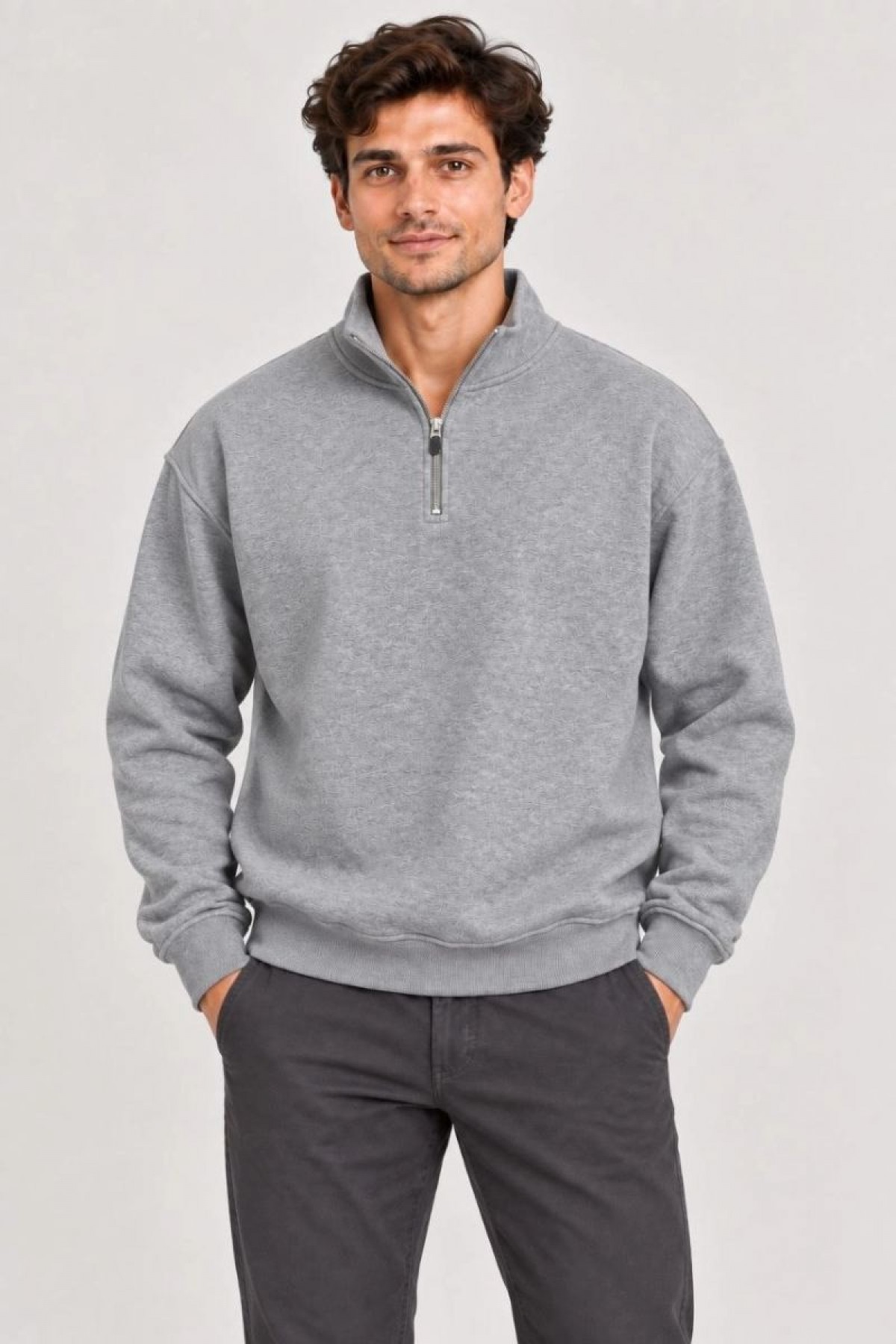 Erkek Üç İplik İçi Şardonlu Dik Yaka Yarım Fermuarlı Kışlık Sweatshirt - Grİ