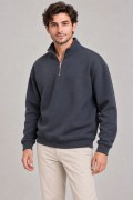 Erkek Üç İplik İçi Şardonlu Dik Yaka Yarım Fermuarlı Kışlık Sweatshirt - Füme