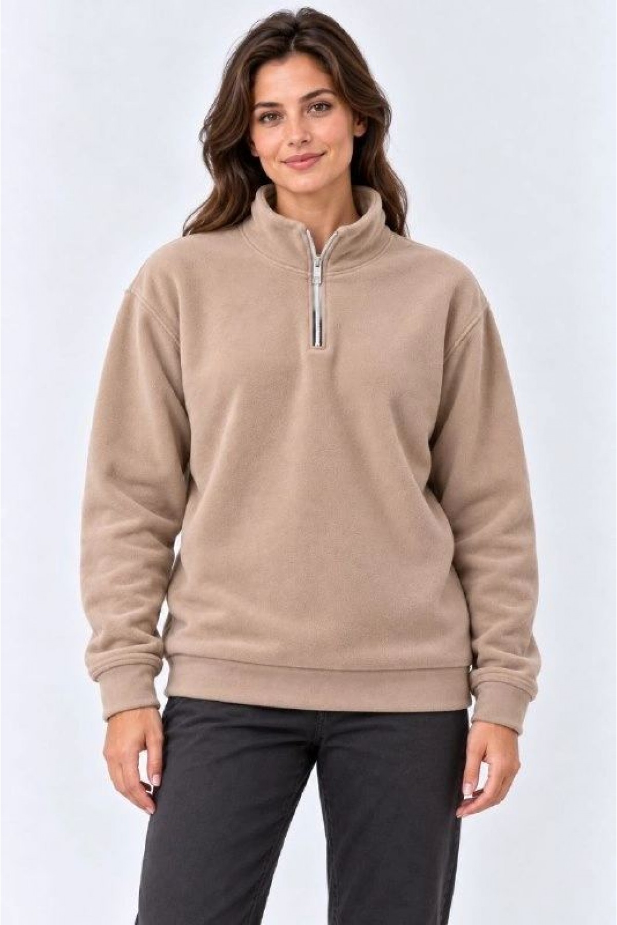 Kadın Polar Dik Yaka Yarım Fermuarlı Uzun Kollu Regular Fit Kışlık Sweatshirt - Bej