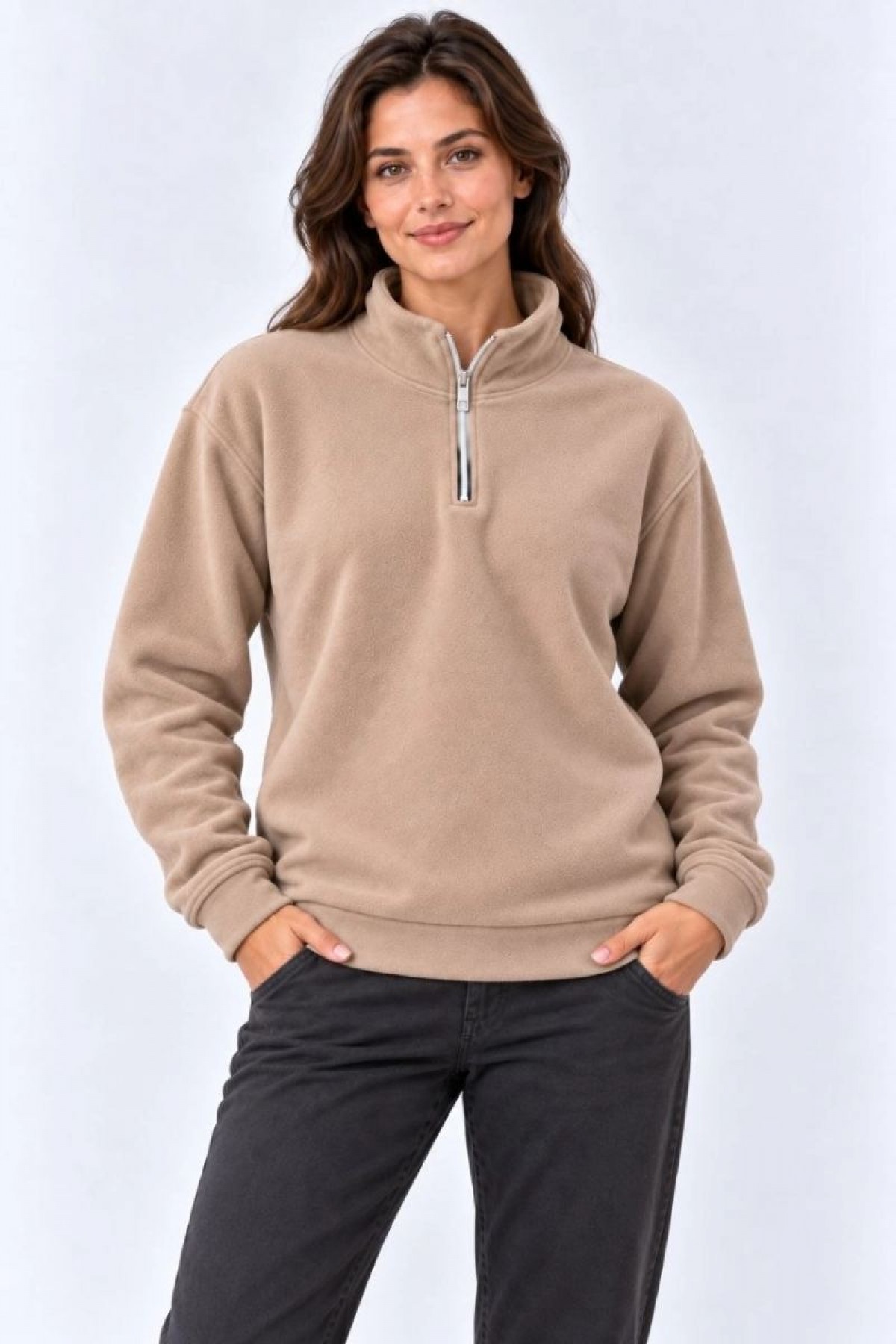 Kadın Polar Dik Yaka Yarım Fermuarlı Uzun Kollu Regular Fit Kışlık Sweatshirt - Bej