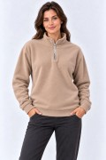 Kadın Polar Dik Yaka Yarım Fermuarlı Uzun Kollu Regular Fit Kışlık Sweatshirt - Bej