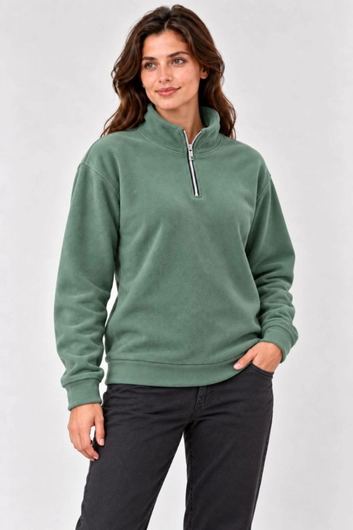Kadın Polar Dik Yaka Yarım Fermuarlı Uzun Kollu Regular Fit Kışlık Sweatshirt - Mint Yeşili
