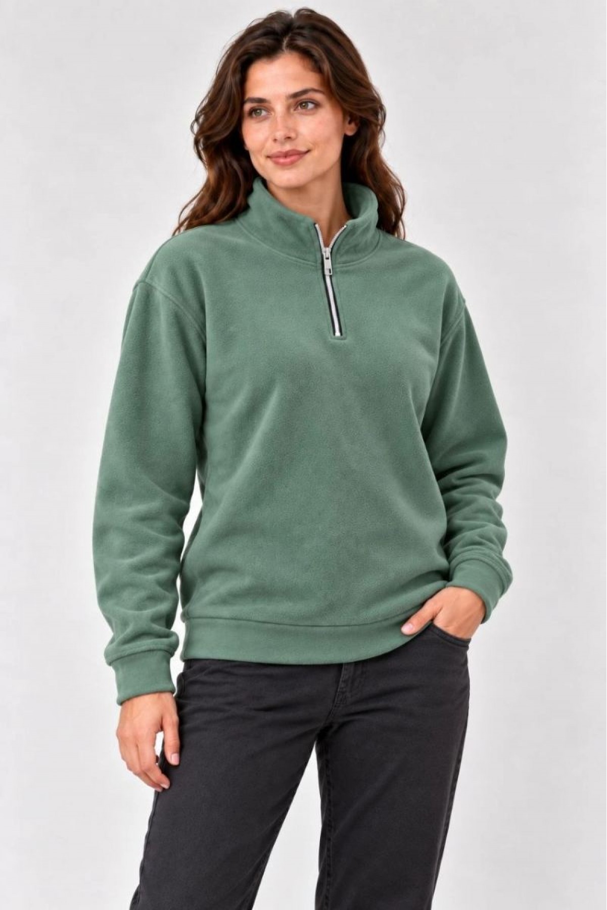 Kadın Polar Dik Yaka Yarım Fermuarlı Uzun Kollu Regular Fit Kışlık Sweatshirt - Mint Yeşili