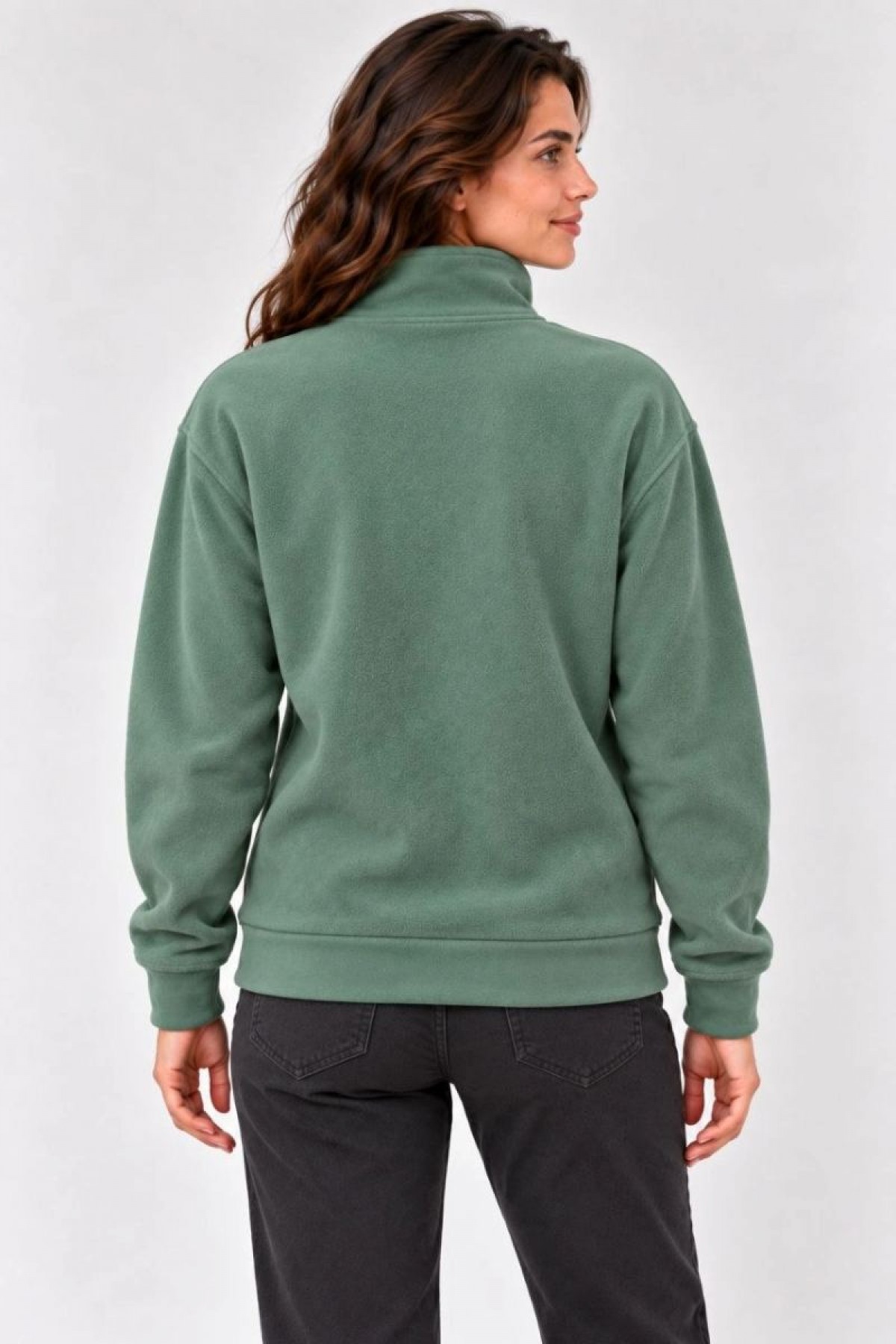 Kadın Polar Dik Yaka Yarım Fermuarlı Uzun Kollu Regular Fit Kışlık Sweatshirt - Mint Yeşili