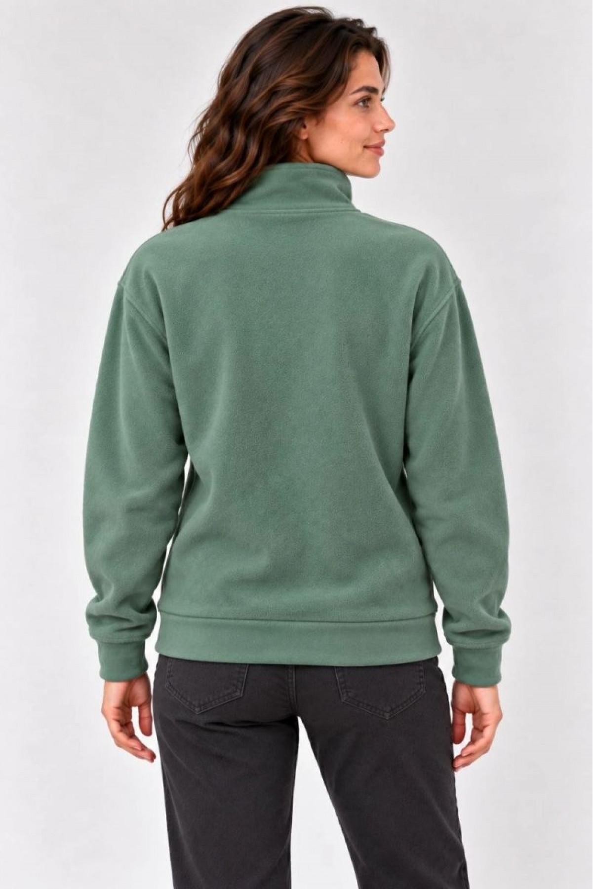 Kadın Polar Dik Yaka Yarım Fermuarlı Uzun Kollu Regular Fit Kışlık Sweatshirt - Mint Yeşili
